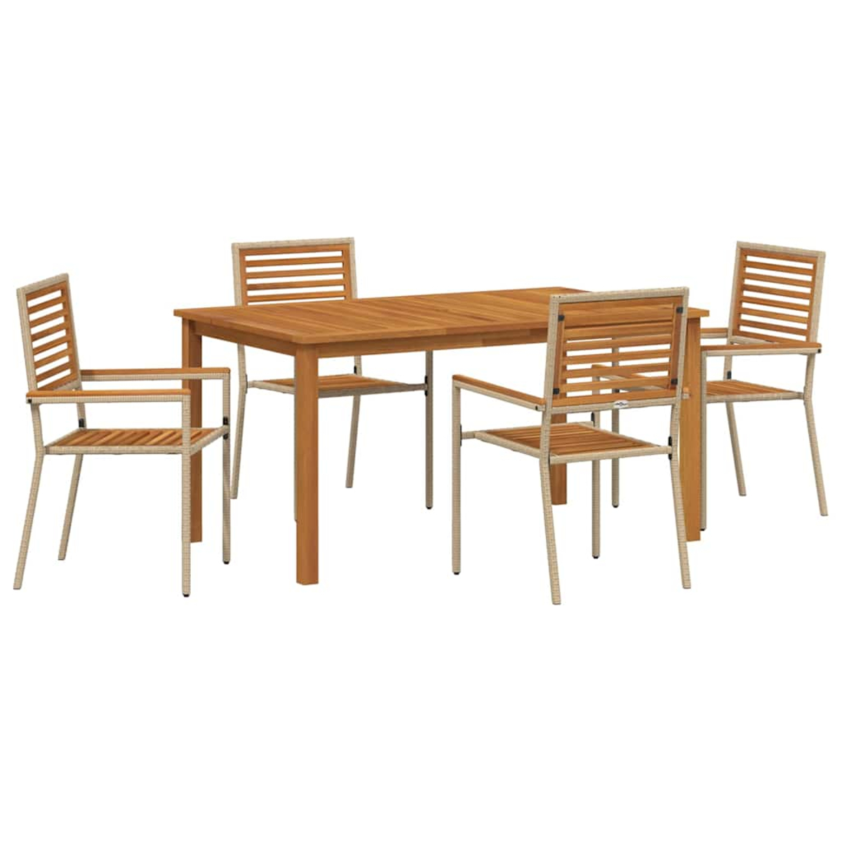 Un set da pranzo in legno per esterni. Include un tavolo rettangolare e quattro sedie, tutti di colore marrone chiaro e con telai in metallo bianco.