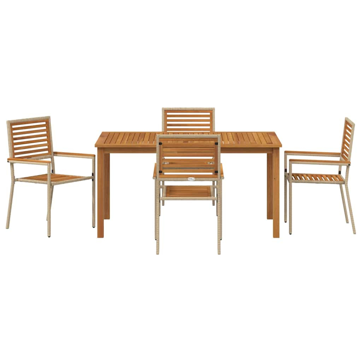 Un tavolo in legno con quattro sedie. Le sedie e il tavolo sono in legno marrone e hanno una struttura in metallo beige.
