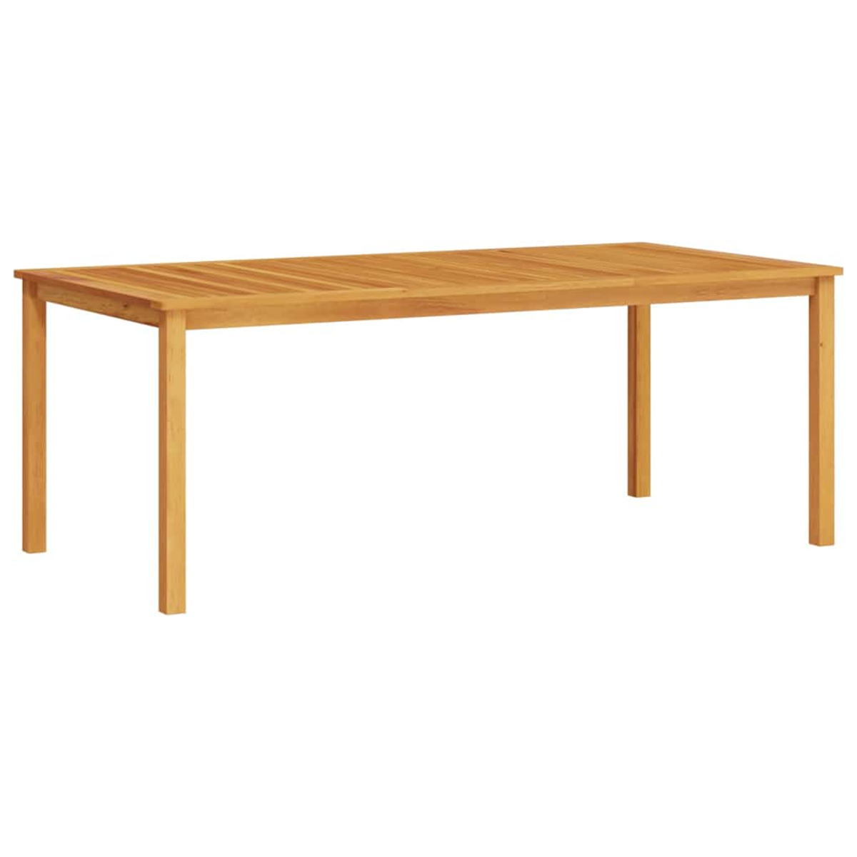 Ein rechteckiger Holztisch mit vier Beinen. Der Tisch ist hellbraun und hat eine Lattenoberfläche. Er steht vor einem weißen Hintergrund.
