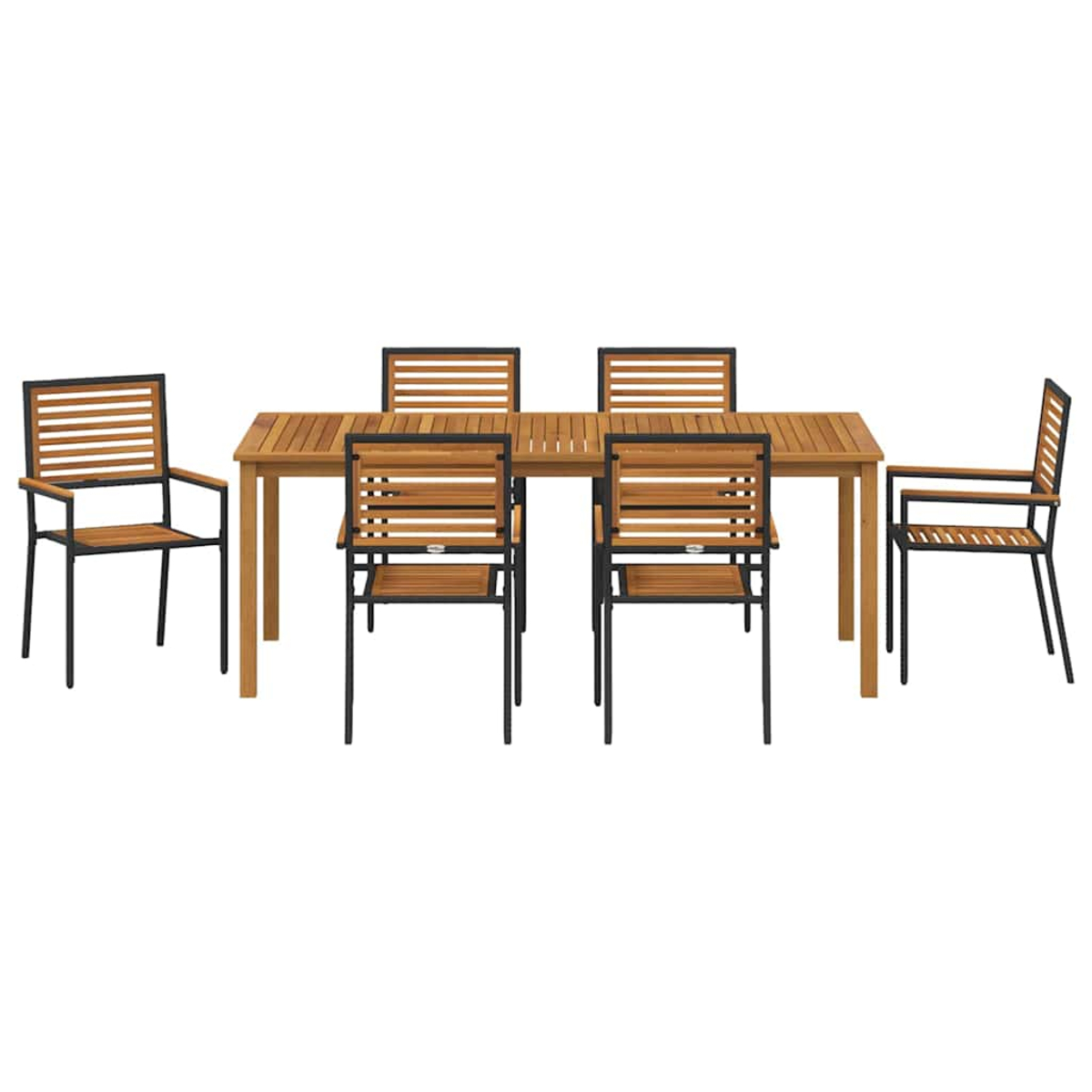 Ein hölzernes Ess-Set für den Außenbereich mit einem rechteckigen Tisch und sechs passenden Stühlen, isoliert auf weißem Hintergrund.