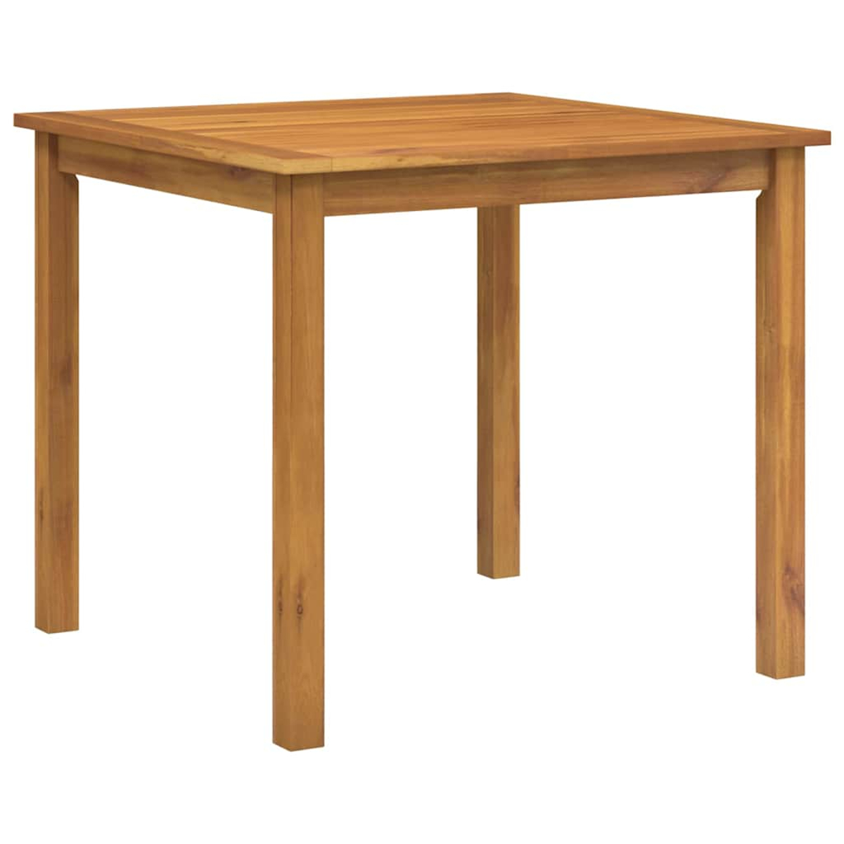 Tavolo quadrato in legno con quattro gambe. È fatto di legno marrone chiaro, su sfondo bianco.