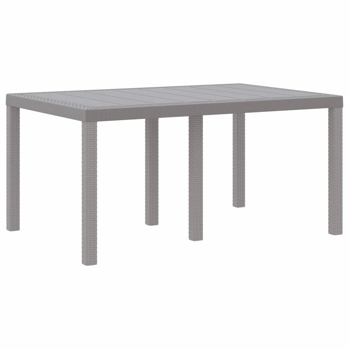 Un tavolo rettangolare grigio con gambe in stile tessuto e un piano abbinato. Il tavolo è su sfondo bianco.