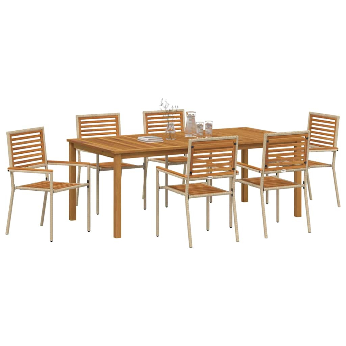 Ein Esstisch-Set aus Holz mit einem rechteckigen Tisch und sechs Stühlen. Die Stühle haben eine Lamellenlehne und Armlehnen.