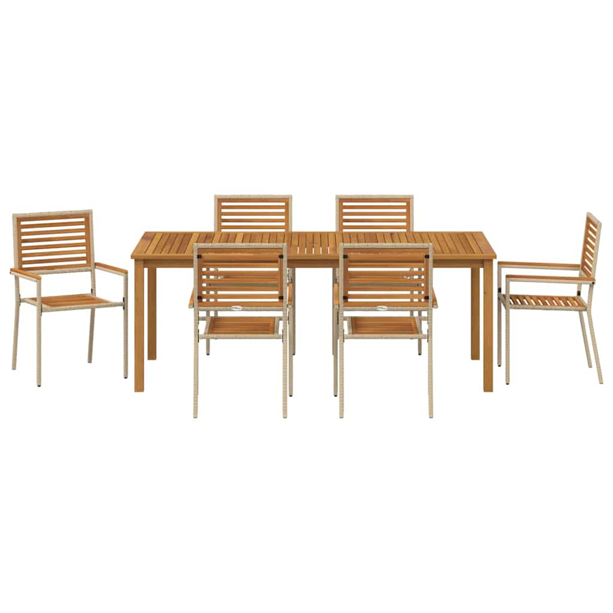 Holz-Esstisch und sechs Stühle. Stühle haben helle Metallrahmen mit Holzlatten. Der Tisch ist rechteckig mit Holzplatte und Beinen.
