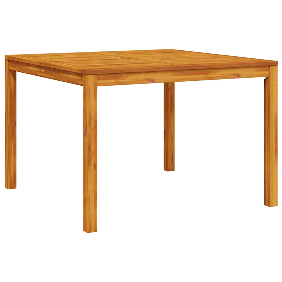 Ein quadratischer Holztisch mit vier Beinen. Der Tisch ist hellbraun und der Hintergrund ist weiß.