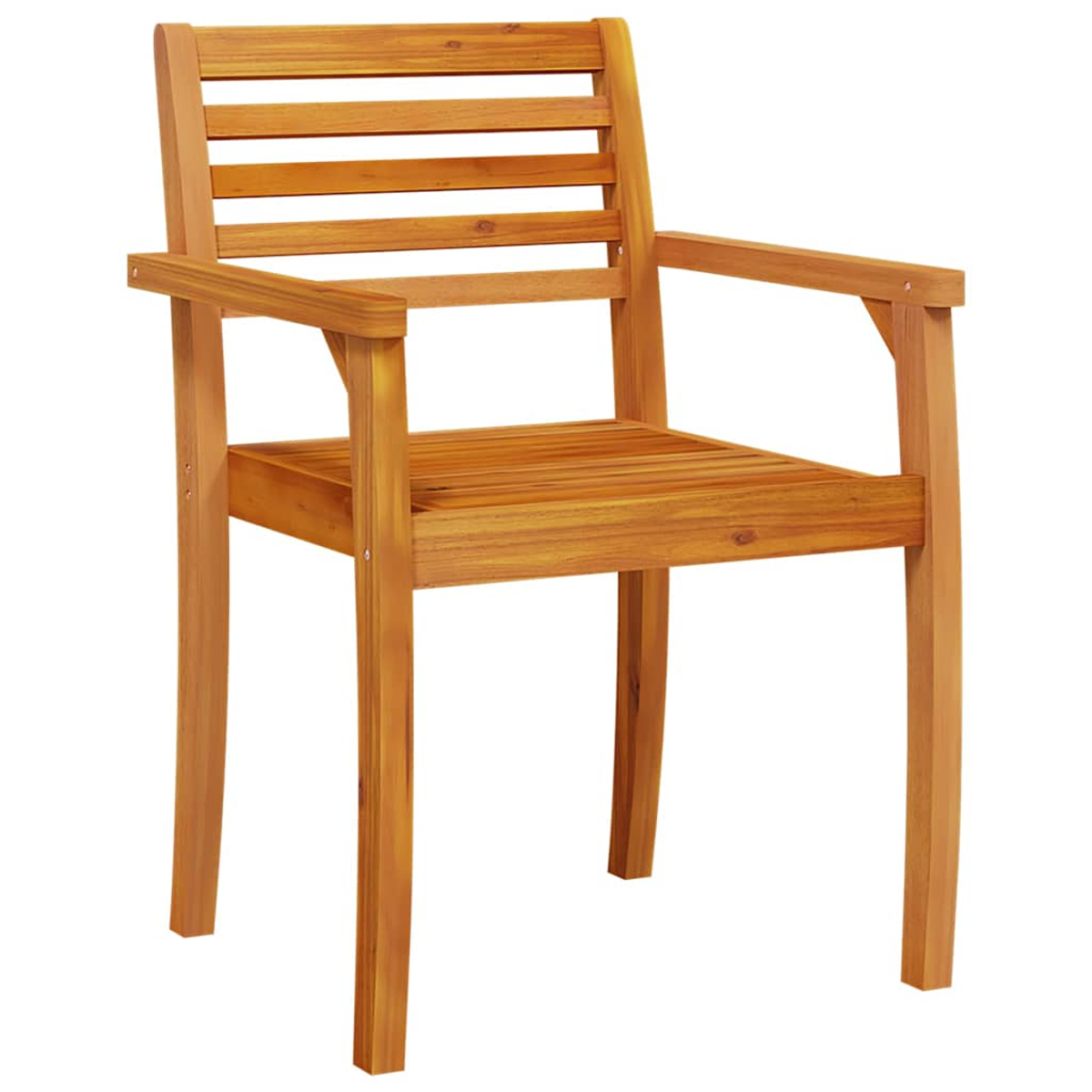 Ein Holzstuhl mit Lattenrücken und -sitz, Armlehnen und vier Beinen. Der Stuhl ist aus hellbraunem Holz und steht auf weißem Grund.