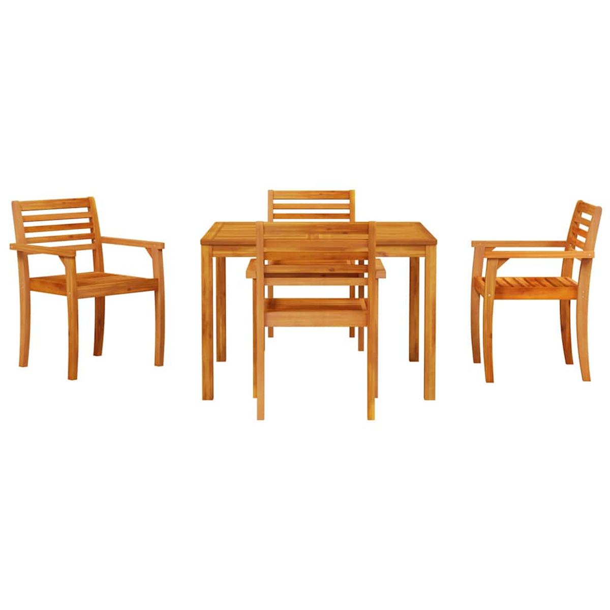 Essgruppe aus Holz für draußen mit einem quadratischen Tisch und vier Stühlen. Die Stühle haben Armlehnen und Lattenrücken. Alles ist holzfarben.