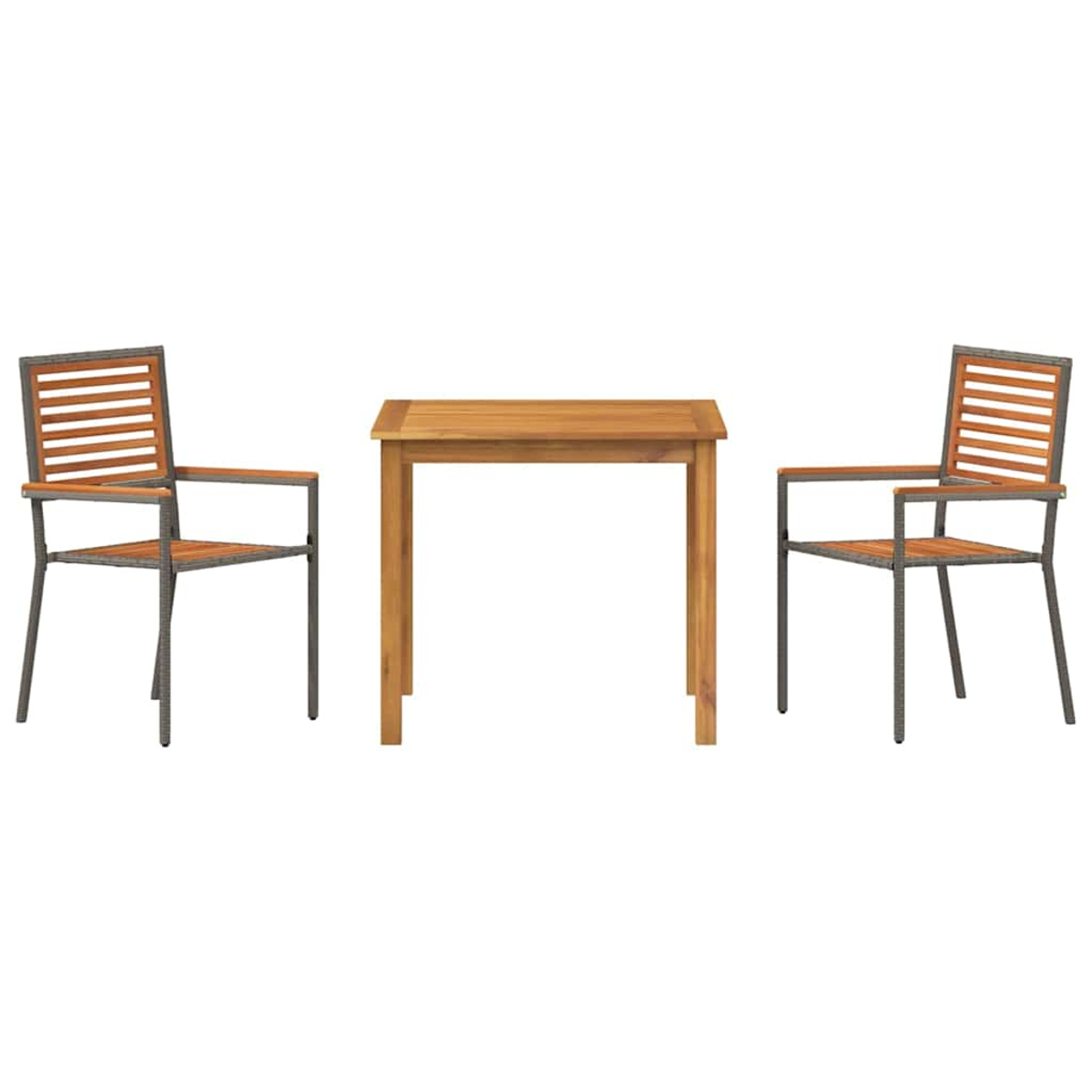 Ein Holztisch mit zwei Stühlen. Die Stühle und der Tisch sind braun mit Metallrahmen. Alles steht auf weißem Grund.