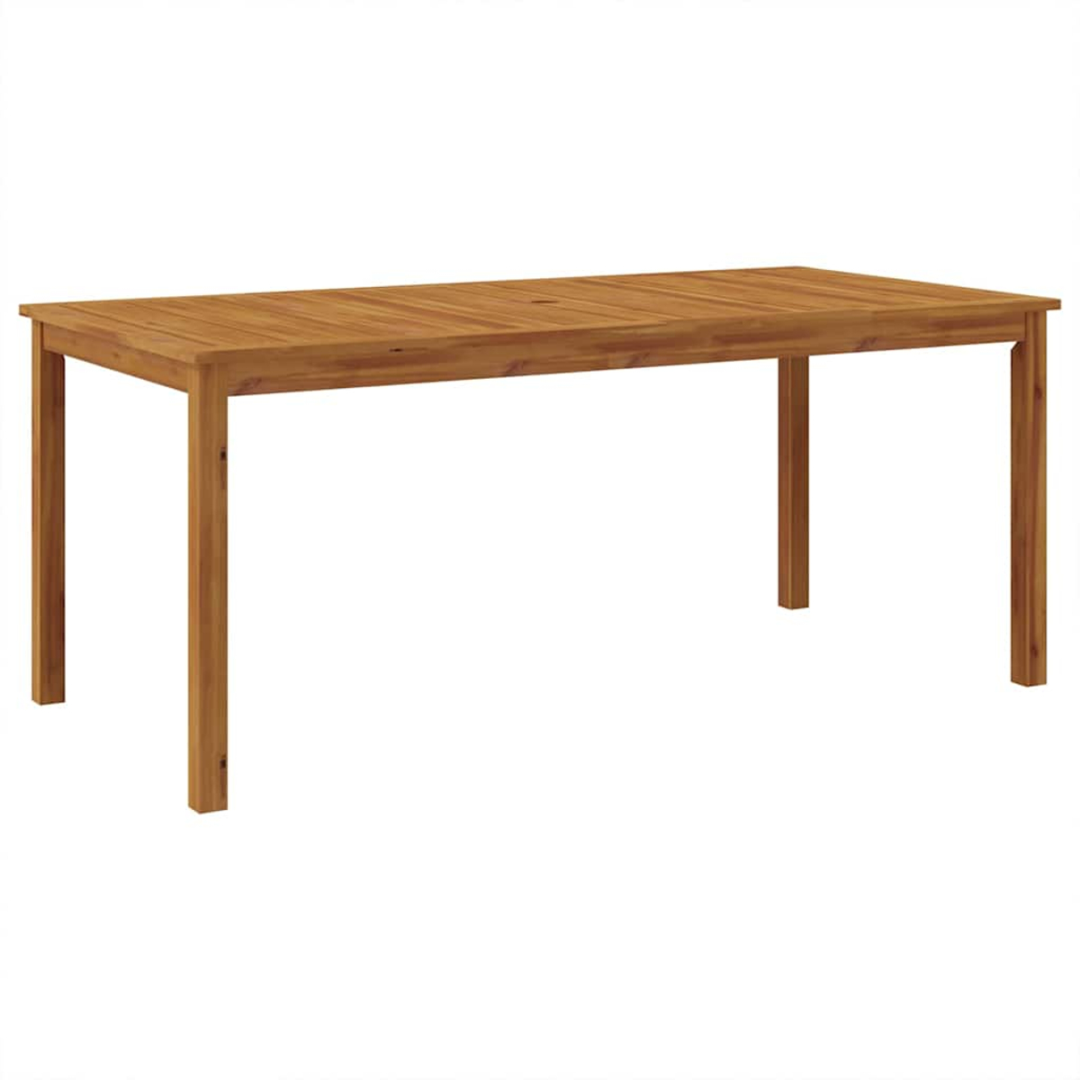 Ein rechteckiger Holztisch mit vier Beinen. Der Tisch ist braun und vor einem weißen Hintergrund. Der Tisch ist leer.