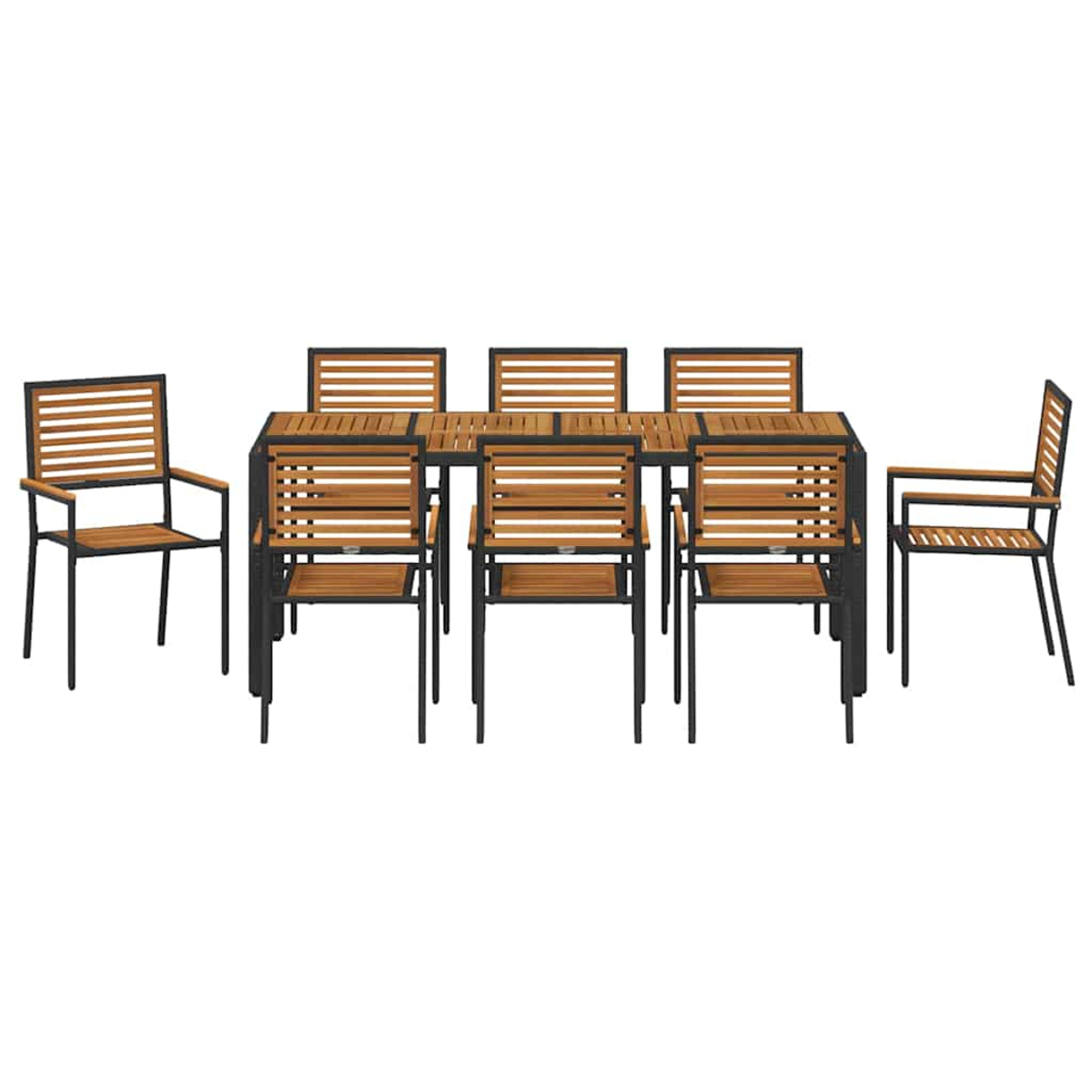 Ein hölzernes Ess-Set für den Außenbereich mit Tisch und acht Stühlen. Tisch und Stühle haben einen schwarzen Rahmen.