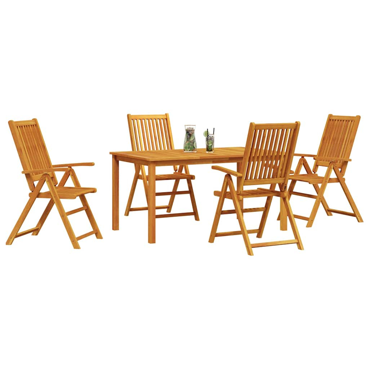 Essgruppe aus Holz für den Außenbereich mit vier Stühlen und einem rechteckigen Tisch. Zwei Getränke stehen auf dem Tisch.