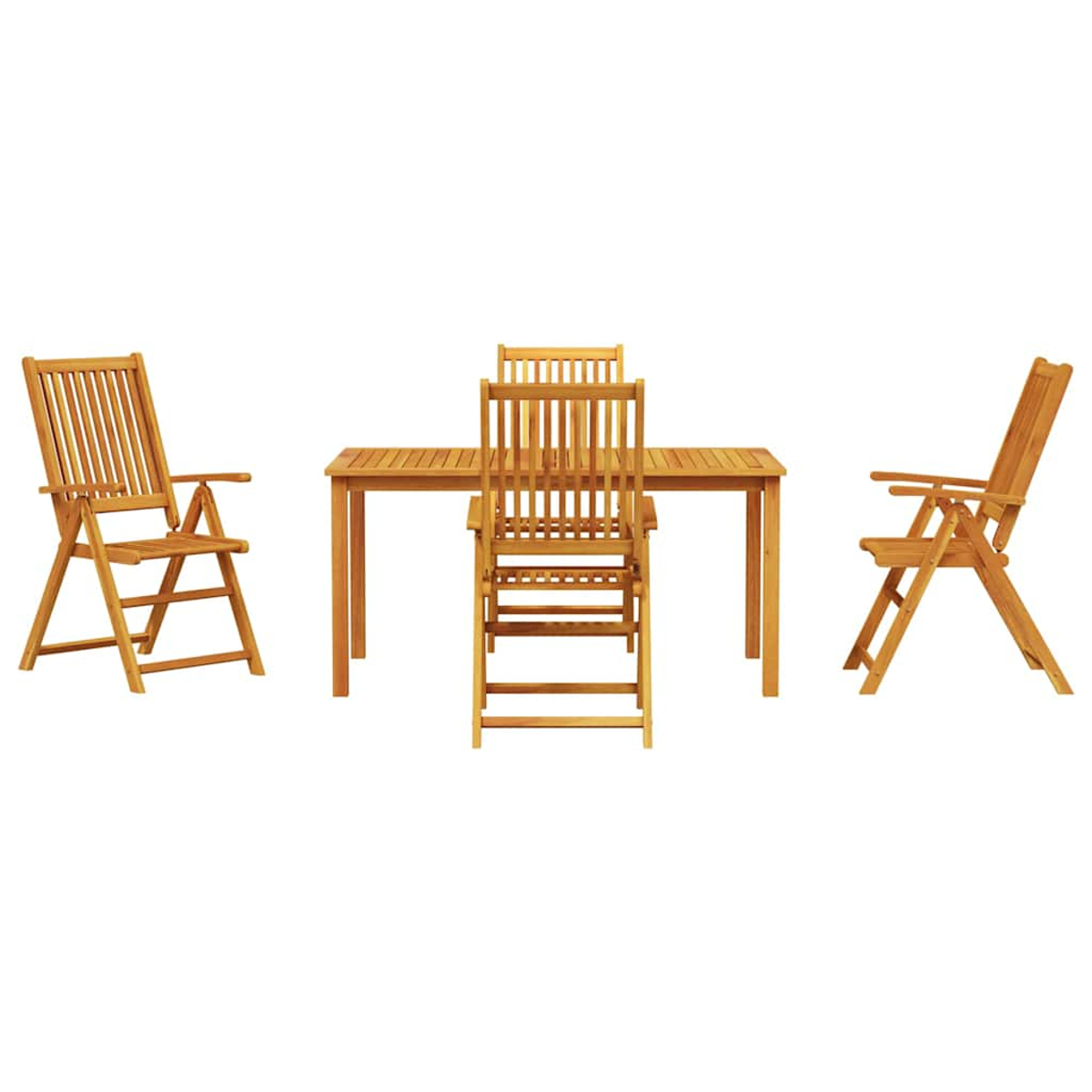 Holz-Essgruppe für den Außenbereich auf weißem Hintergrund. Enthält einen Tisch und drei Stühle.
