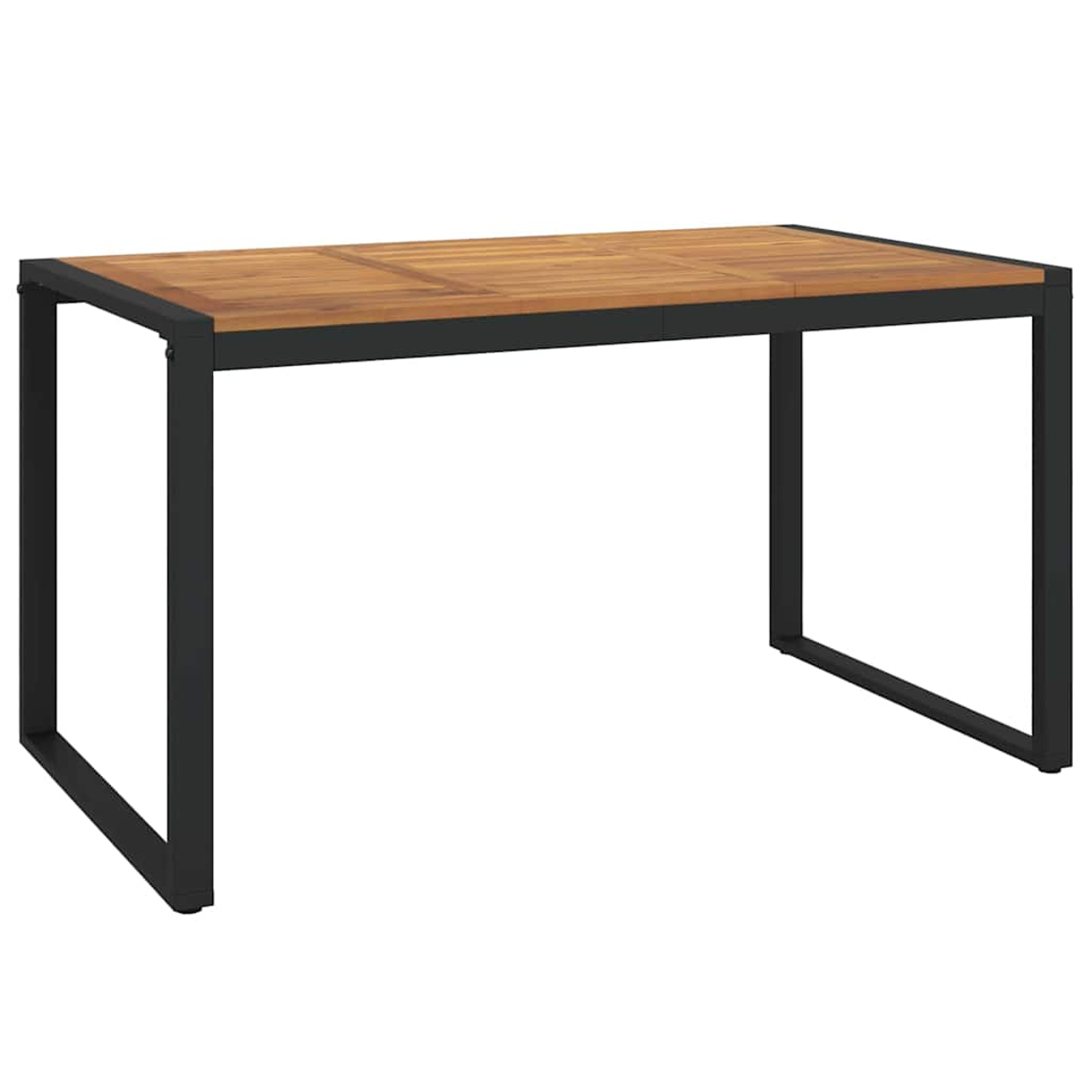 Ein rechteckiger Tisch mit Holzplatte und schwarzen Metallbeinen. Die Tischplatte ist braun mit schwarzem Rahmen.