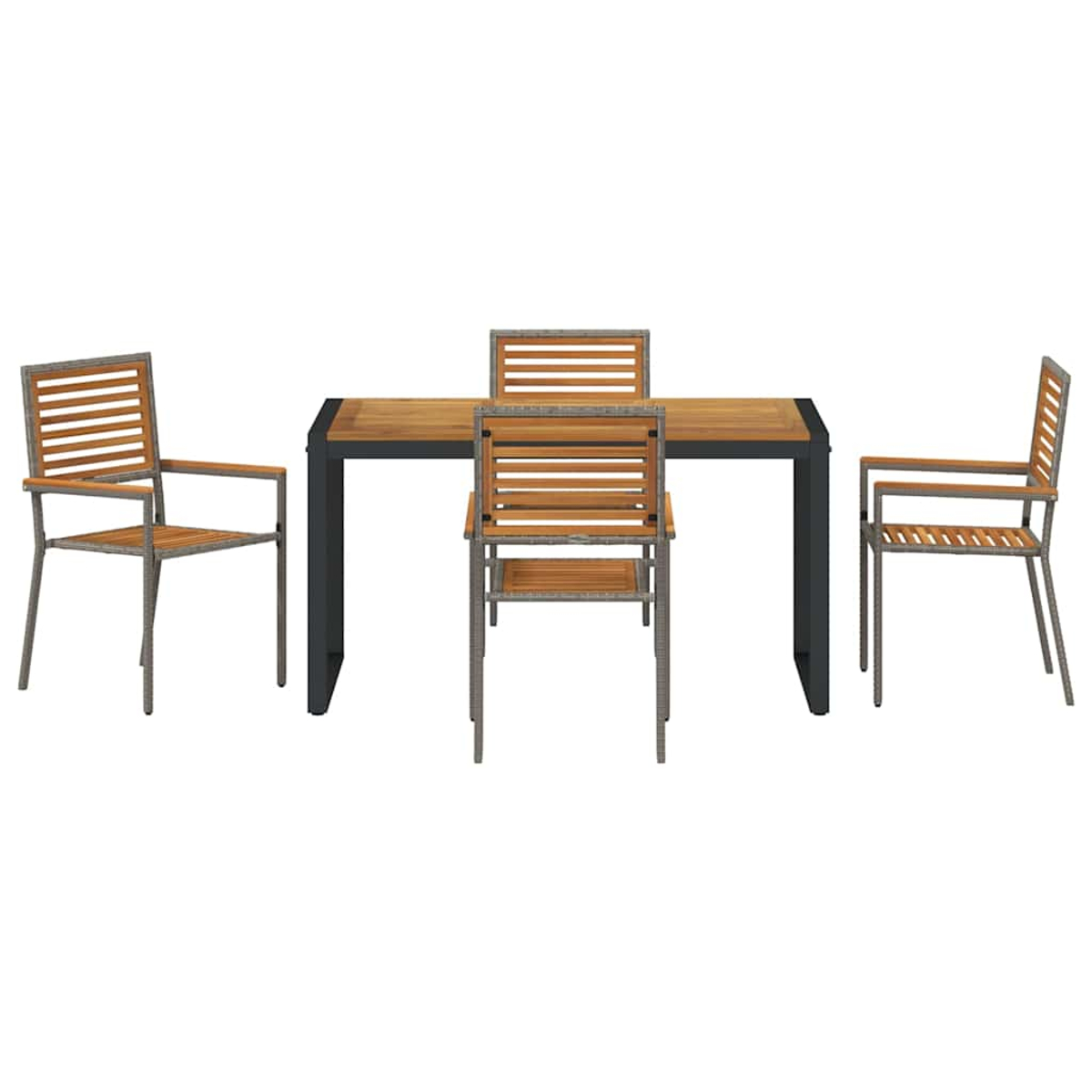 Ein Holztisch mit vier Stühlen. Der Tisch hat ein schwarzes Gestell. Stühle haben Holzlatten und Metallrahmen. Alles vor weißem Hintergrund.