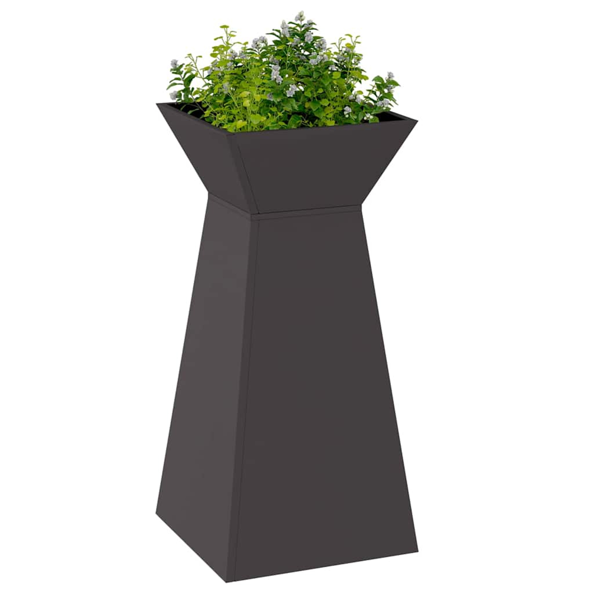 Un'alta fioriera grigio scuro con piante verdi e piccoli fiori bianchi. La fioriera ha una forma a trapezio.