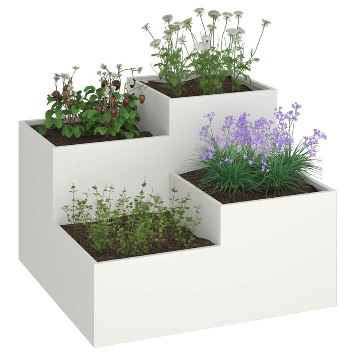 Una fioriera bianca a più livelli con varie piante: fragole, fiori bianchi, fiori viola e piccole piante verdi.