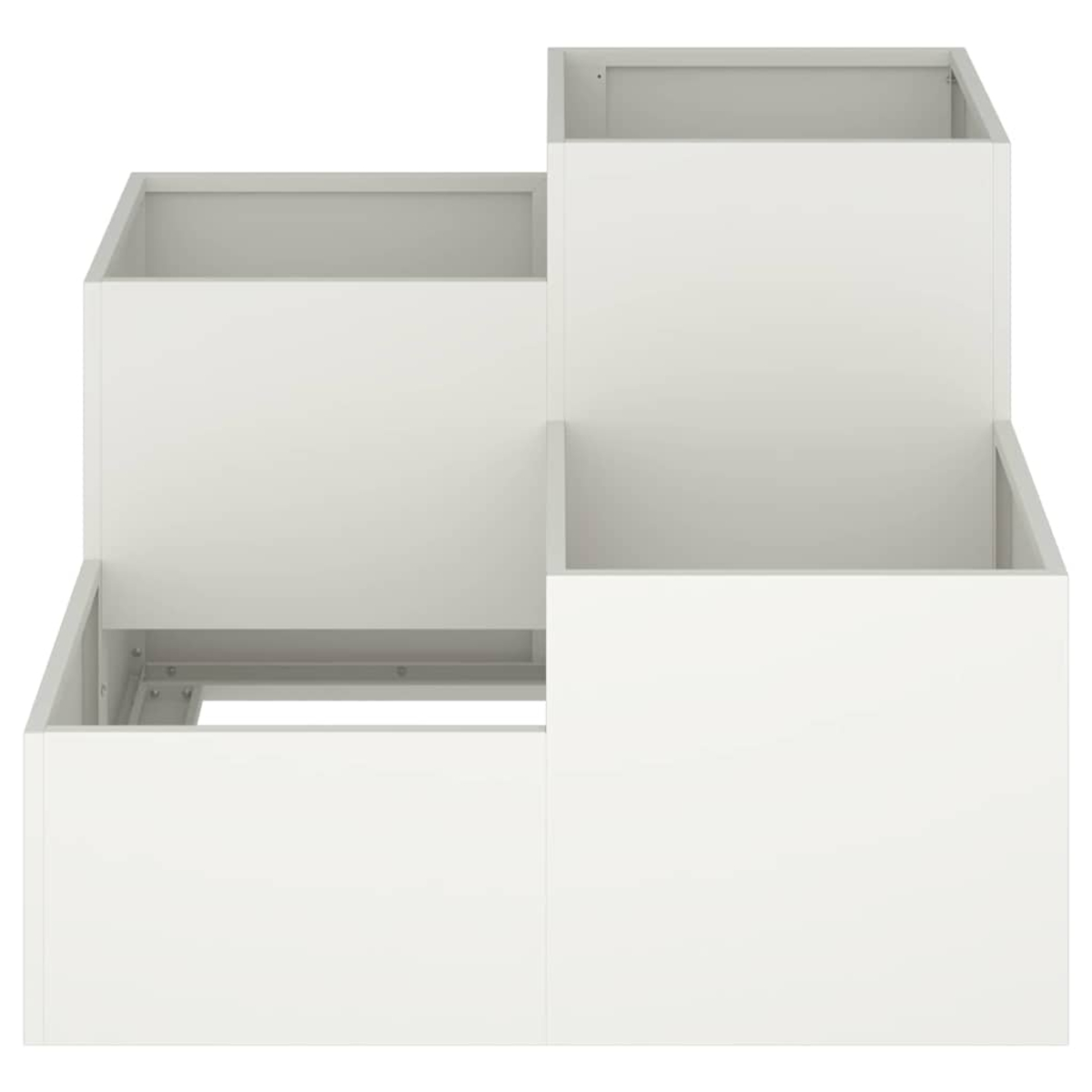 Unità di stoccaggio modulare bianca con tre scomparti aperti a diverse altezze. Sembra essere in legno.