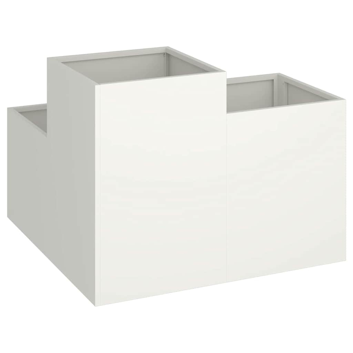 Una struttura bianca a forma di scatola a gradini. Ha tre scomparti superiori aperti di altezze e dimensioni variabili.