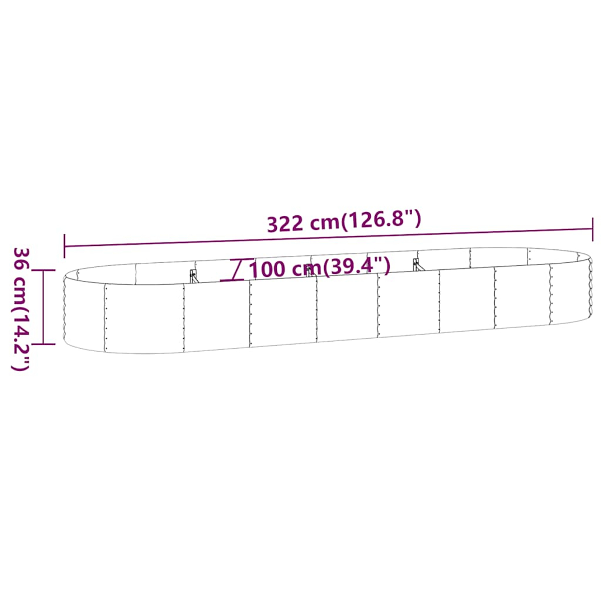 Eine Illustration zeigt ein rechteckiges Objekt mit Maßen. Es ist 322 cm lang, 36 cm hoch und 100 cm breit.