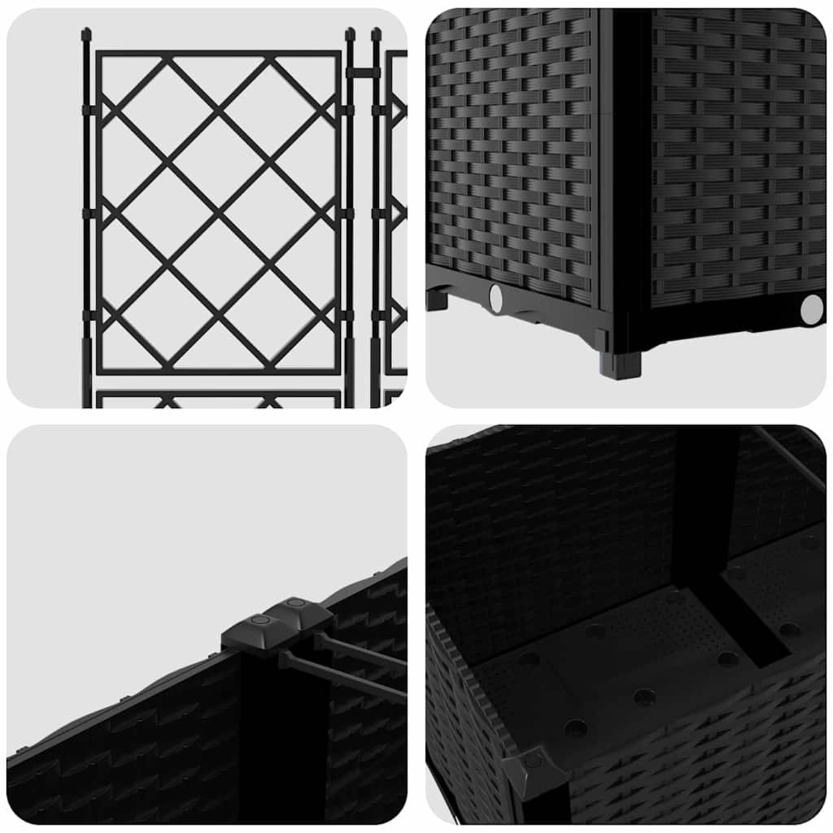 Fioriera nera, primi piani. Tessuto intrecciato, cornice geometrica. Dettagli includono piedi, angoli e struttura interna.