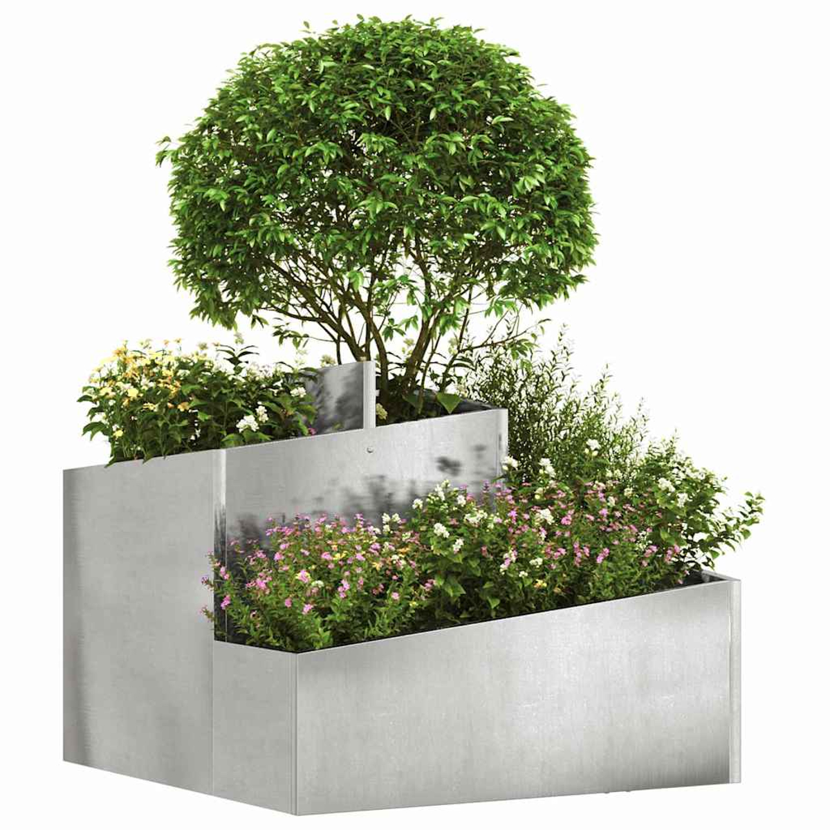 Una fioriera metallica a più livelli con un grande albero verde e fiori colorati. La fioriera è grigia e lo sfondo è bianco.