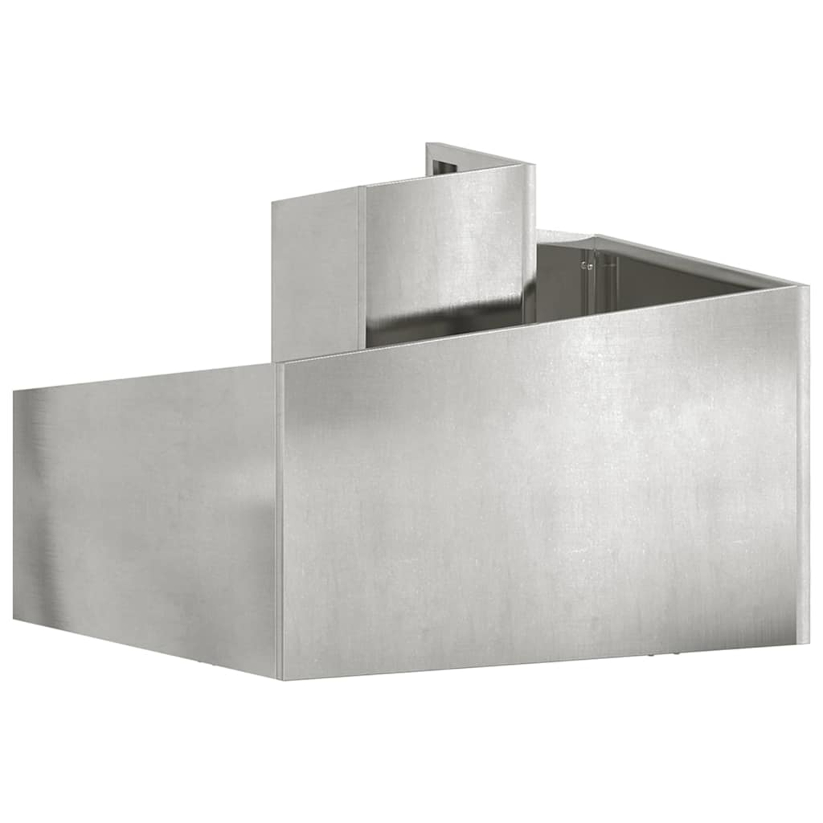 Una cappa in acciaio inossidabile. Ha un design geometrico con una forma a gradini. Lo sfondo è bianco.