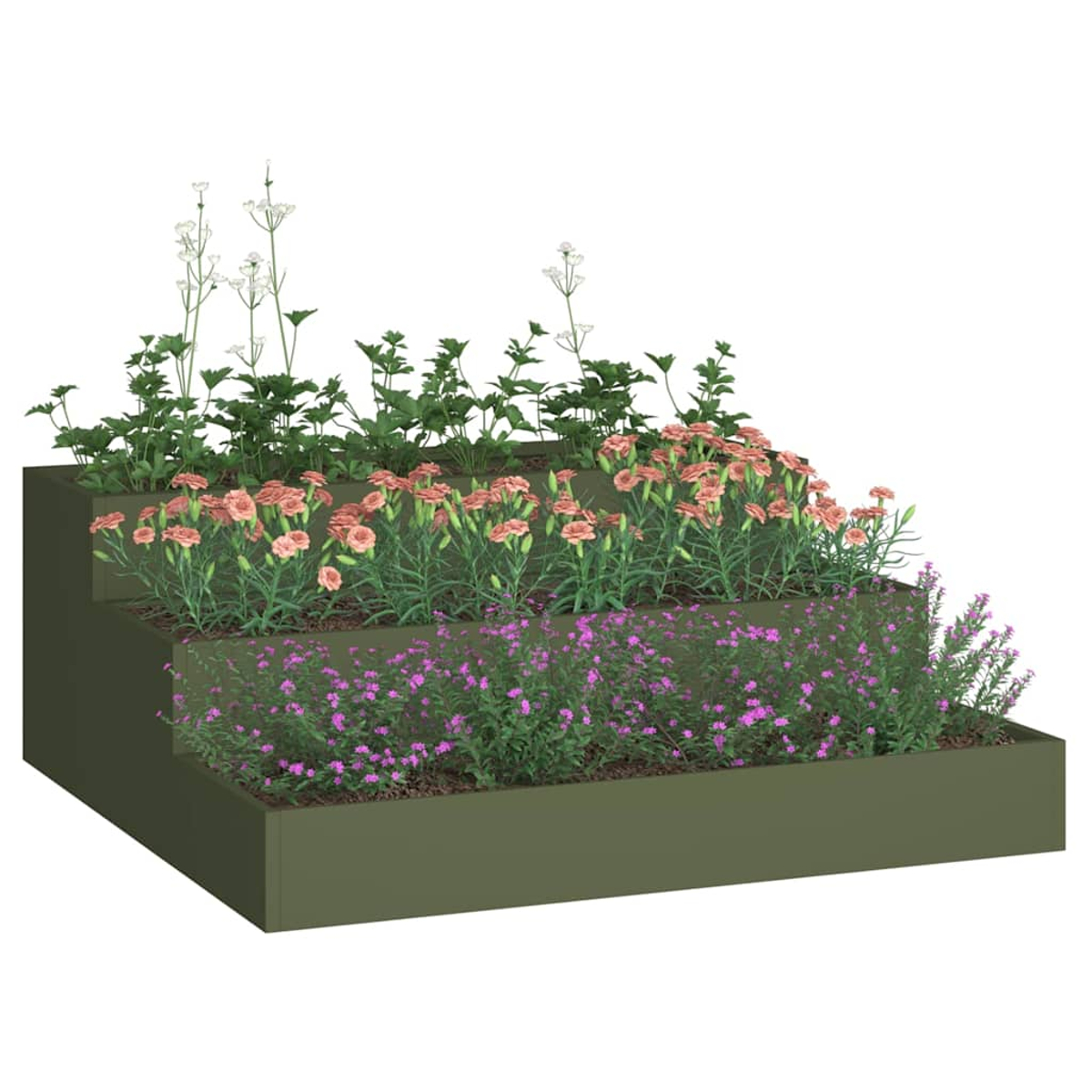 Una fioriera a più livelli contiene vari fiori. Fiori rosa, viola e bianchi nella scatola verde. Lo sfondo è bianco.
