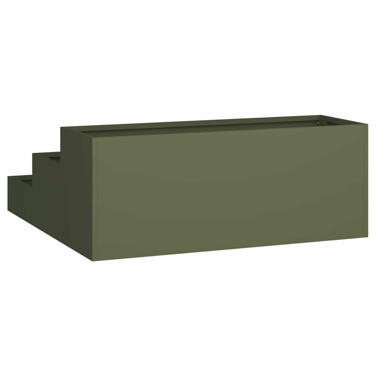 Una fioriera rettangolare verde oliva con tre gradini sul lato sinistro. Lo sfondo è bianco.