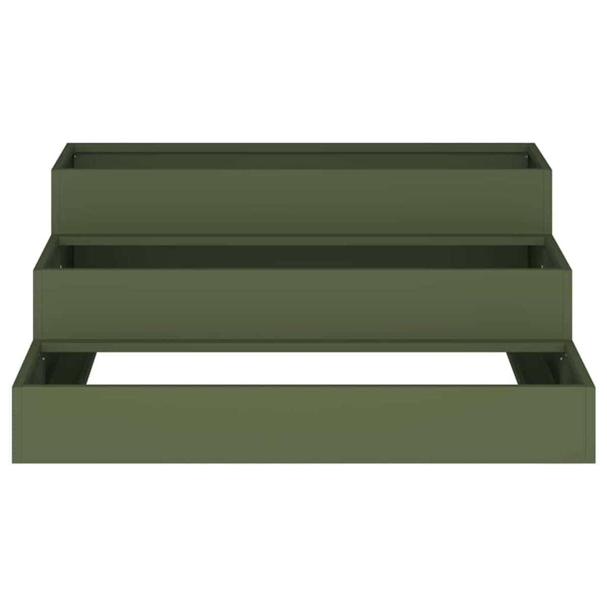 Una fioriera verde oliva a tre livelli. Ogni livello è rettangolare e la struttura è su uno sfondo bianco.