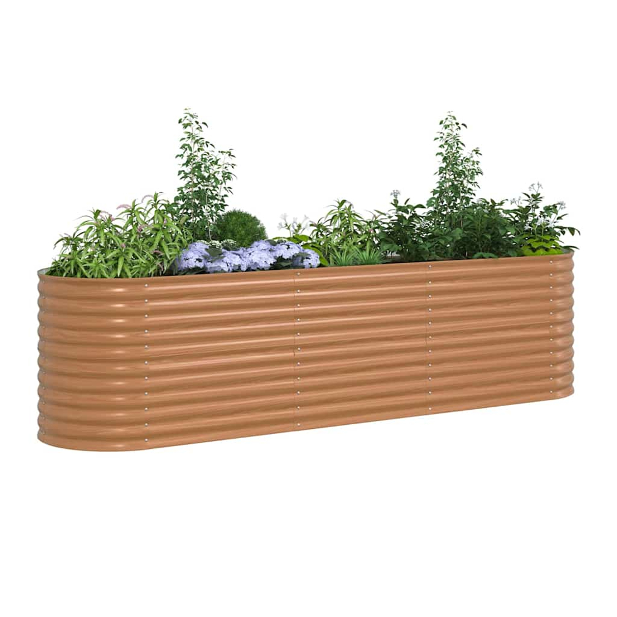Ein braunes, wellblechartiges Hochbeet, gefüllt mit verschiedenen grünen Pflanzen und lila Blumen, vor weißem Hintergrund.