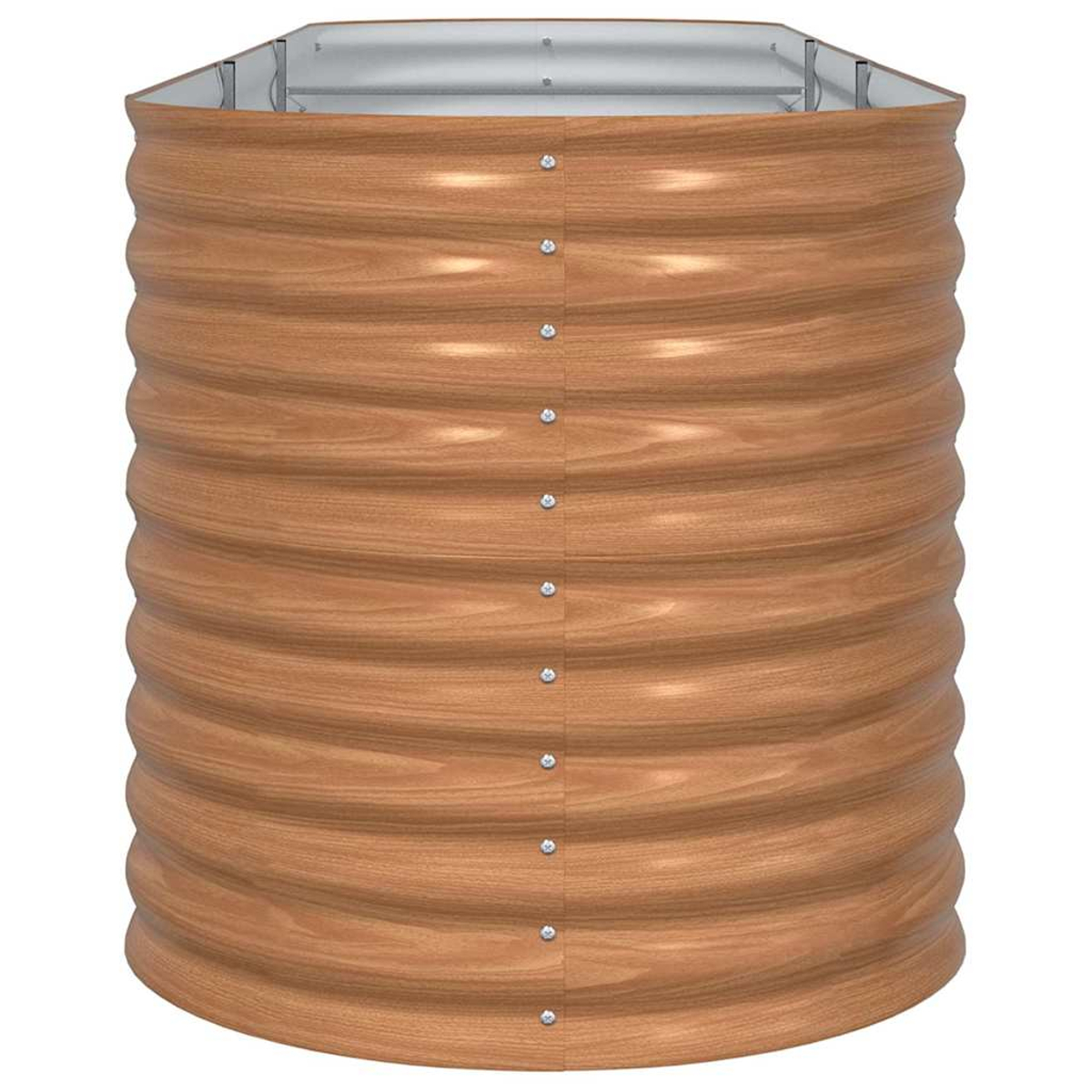 Ein hölzernes Hochbeet mit Wellendesign. Es hat einen silbernen Metallrahmen oben und wird von Nieten zusammengehalten.