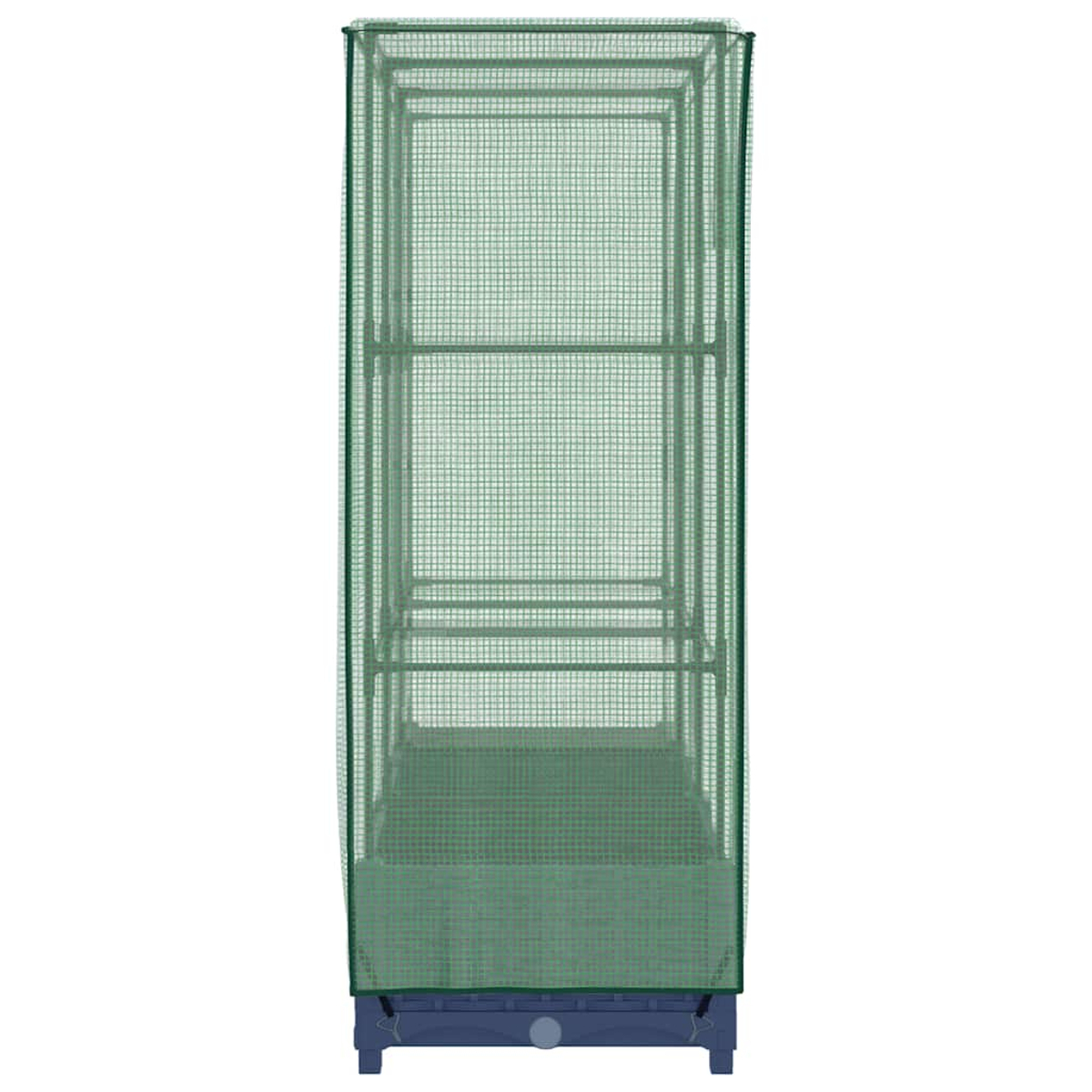 Una copertura per piante verde e rettangolare con un design a rete. Ha una base blu e diversi ripiani. Lo sfondo è bianco.