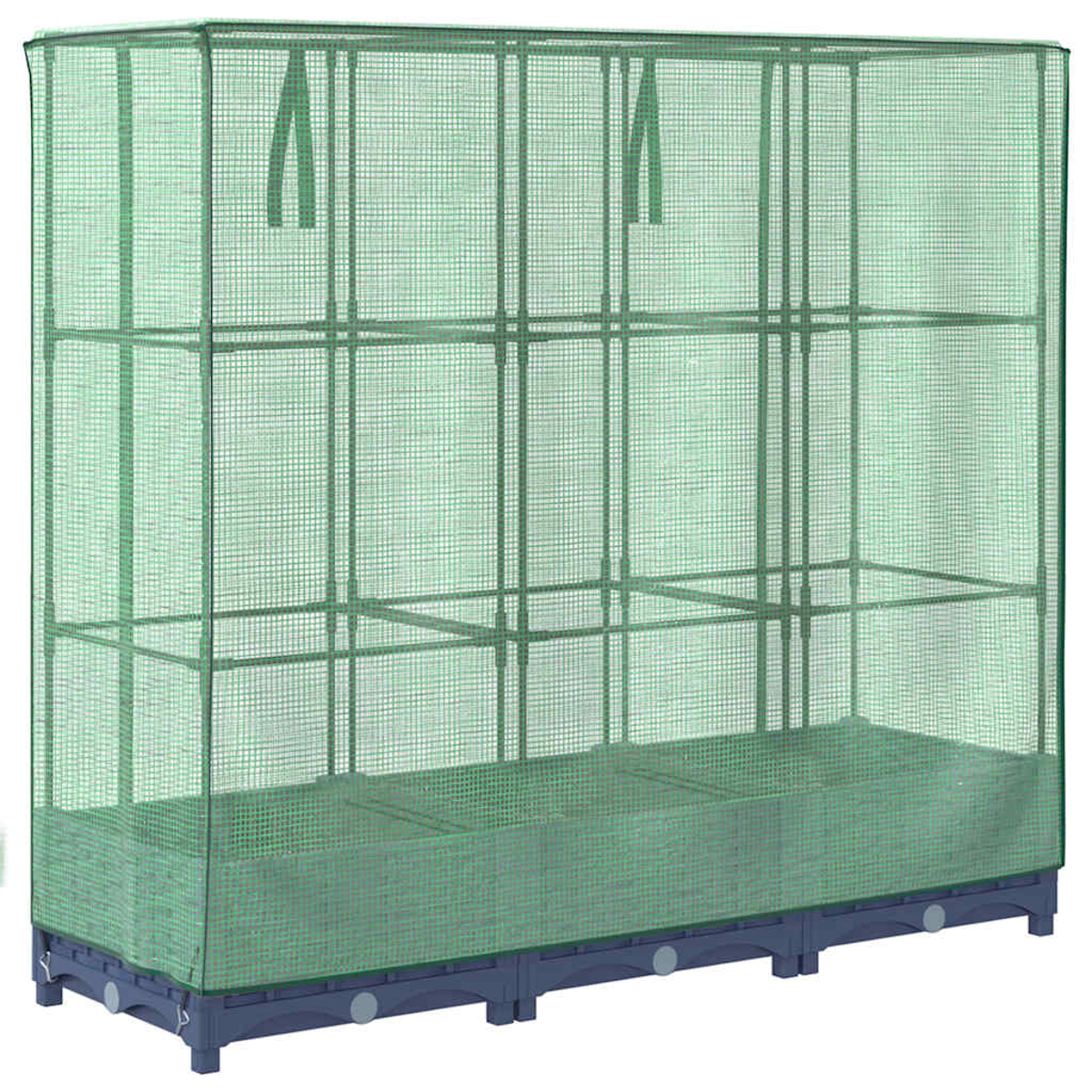 Una serra verde con più ripiani. Ha una copertura a rete e poggia su una base blu scuro con gambe.