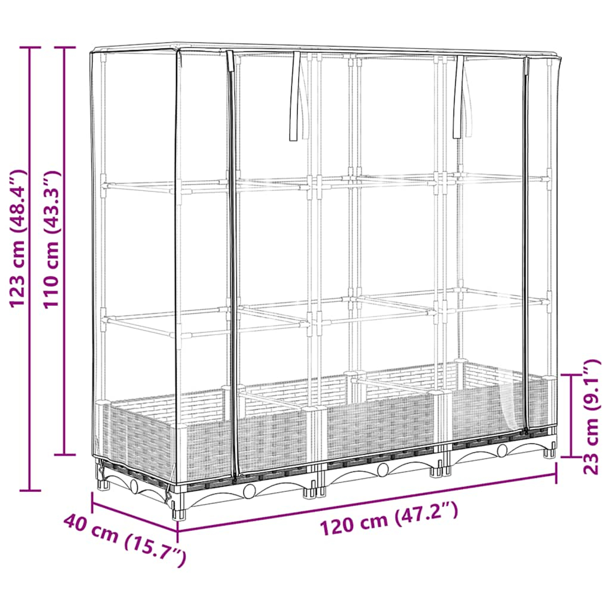 Una serra trasparente con misure: alta 123 cm, larga 120 cm, profonda 40 cm. Ha ripiani e una base, con etichette delle dimensioni.