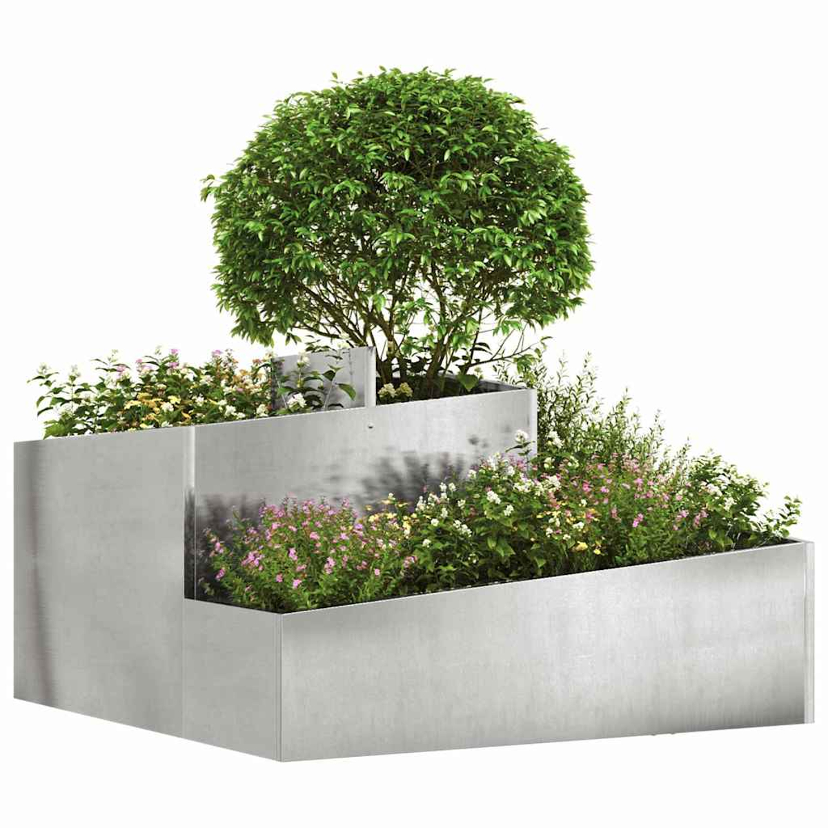Una fioriera in metallo a più livelli con un albero verde al centro. Fiori e piante colorati riempiono le fioriere. Sfondo bianco.