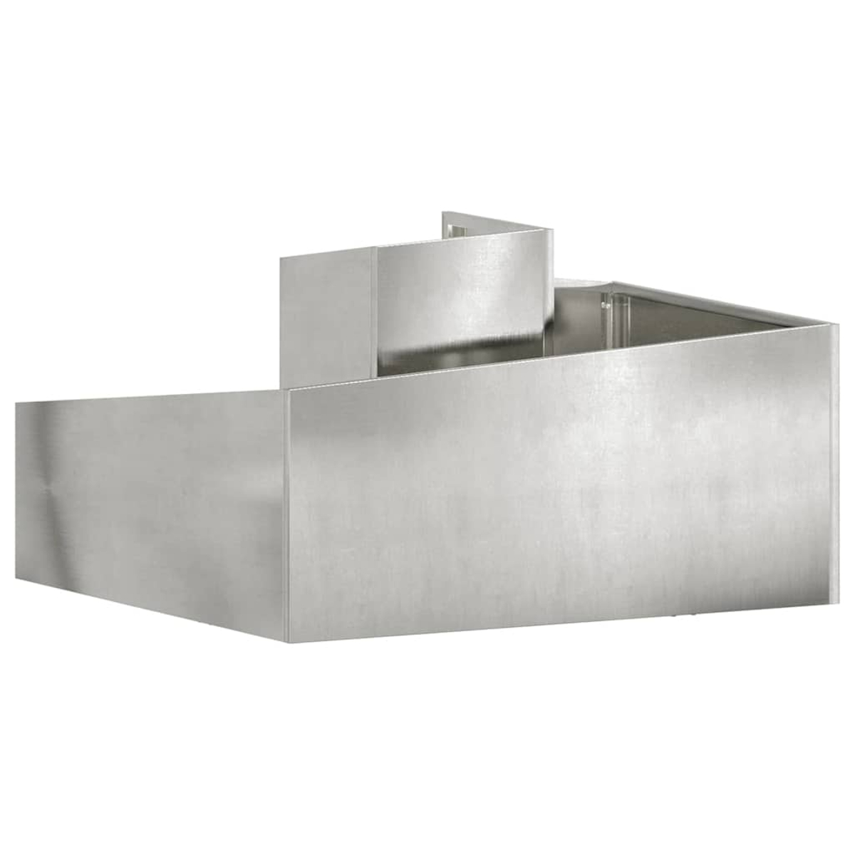 Una cappa in acciaio inossidabile con un design a gradini. La cappa ha una base rettangolare e sale a gradini, con un interno aperto.
