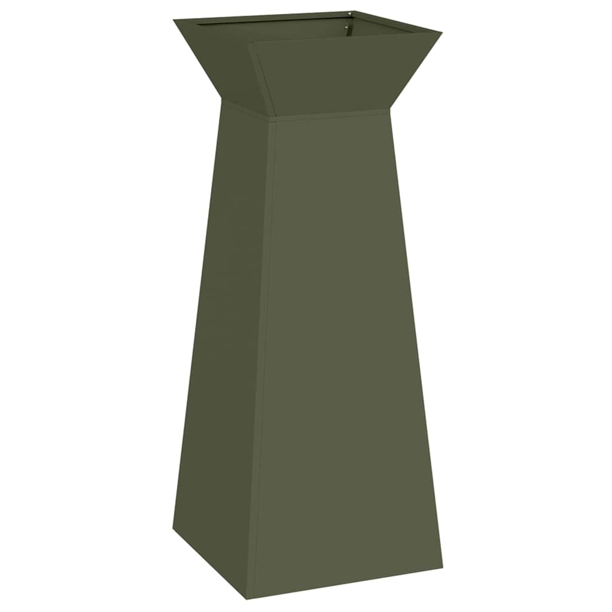 Una fioriera verde oliva si erge su sfondo bianco. È un prisma trapezoidale, con apertura quadrata in alto.