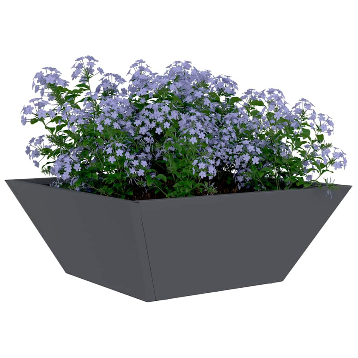 Una fioriera grigia angolata piena di piante verdi e fiori viola chiaro su sfondo bianco.
