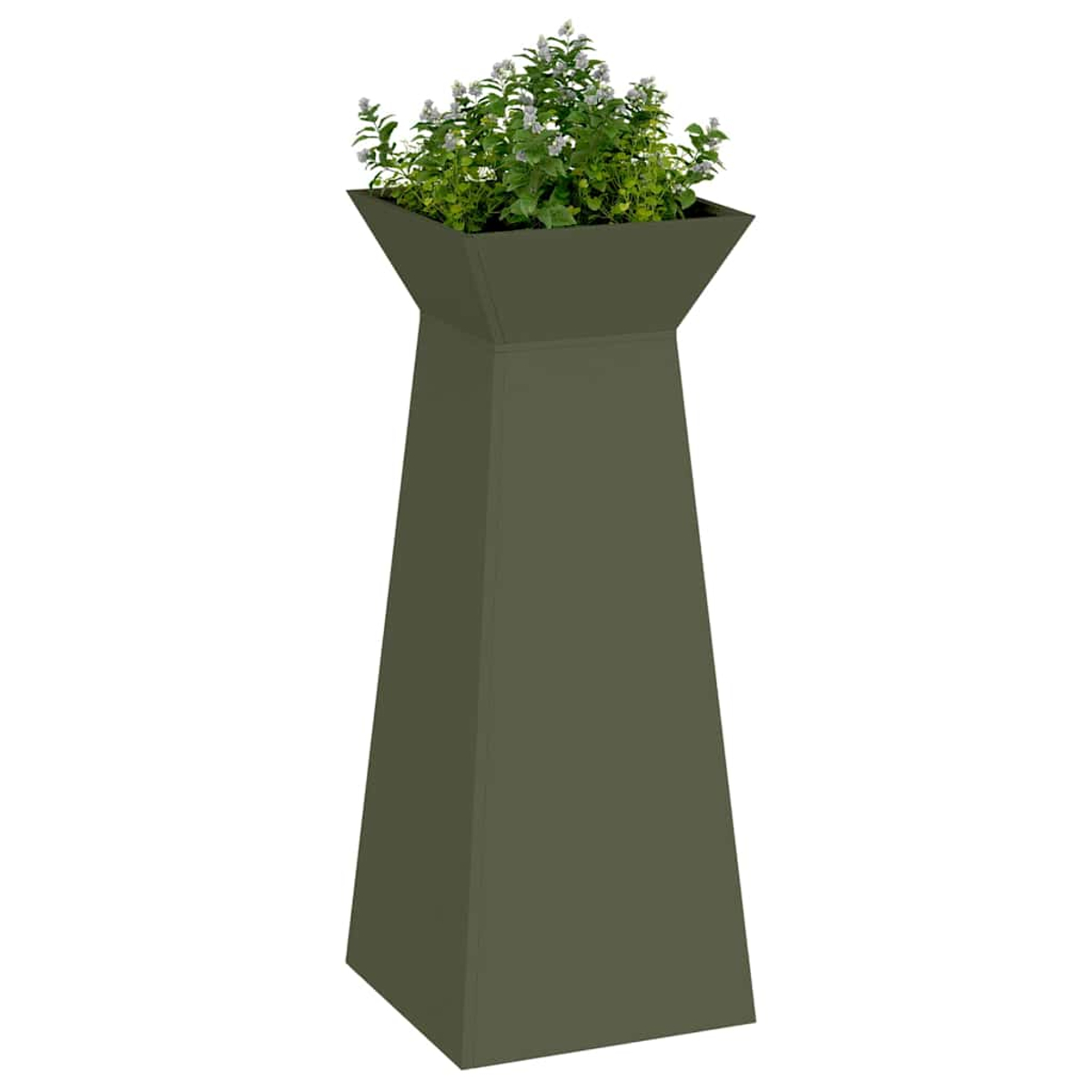 Un'alta fioriera verde oliva con fiori. La fioriera ha una parte superiore quadrata piena di piante verdi e fiori bianchi.