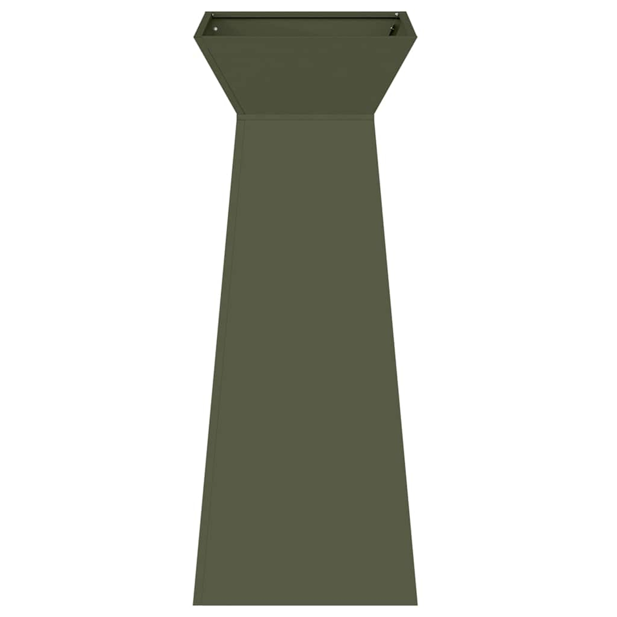 Una fioriera geometrica alta, verde oliva, su sfondo bianco. Ha una parte superiore rettangolare e una base trapezoidale, con una forma leggermente svasata.