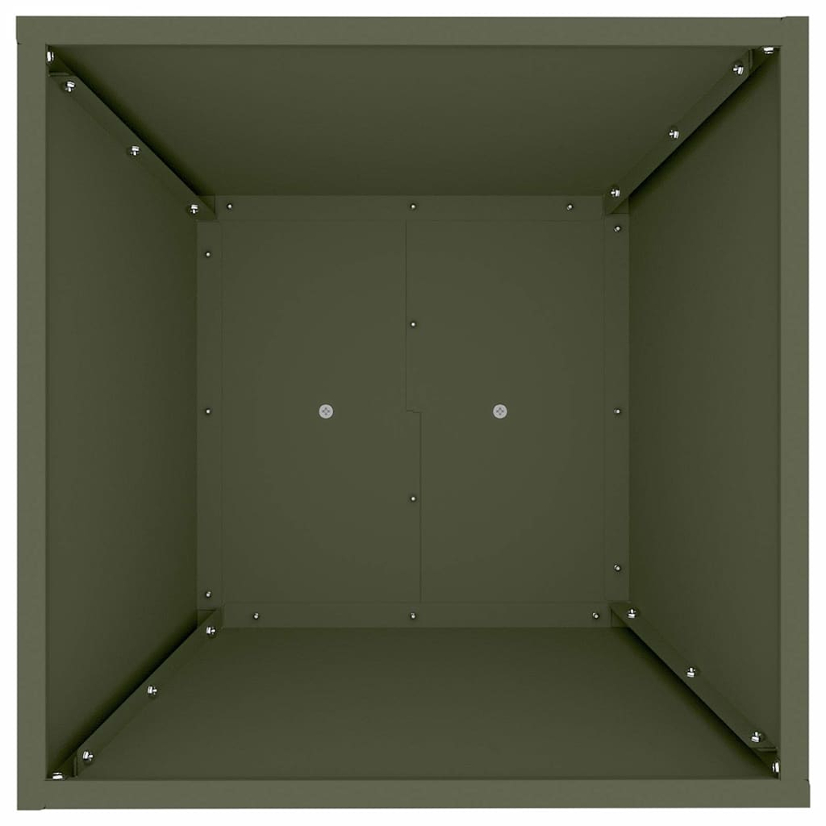 Una fioriera quadrata in metallo verde oliva vista dall'alto. Sono visibili pareti interne e base, con elementi di fissaggio in metallo agli angoli e alle cuciture.