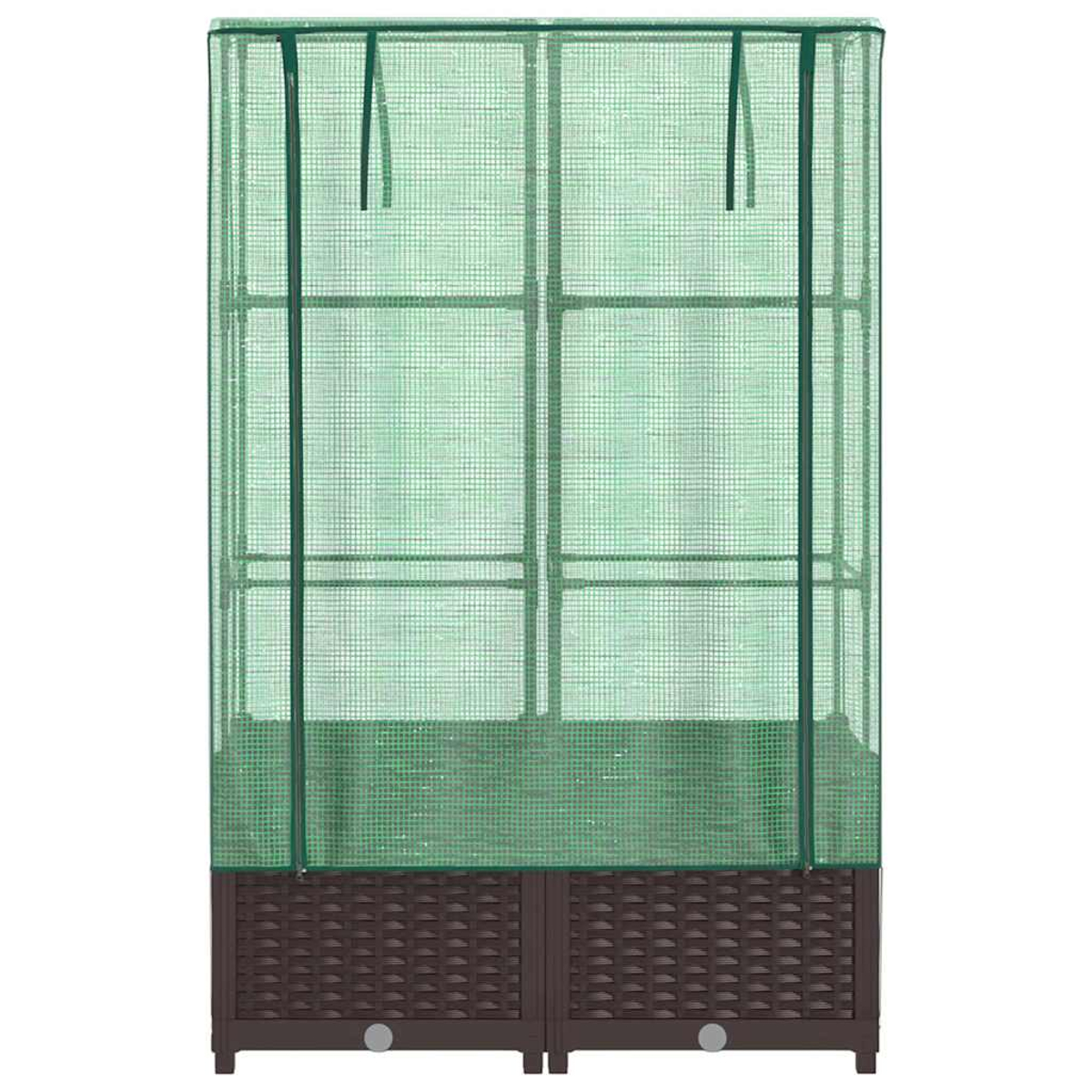 Una serra verde con base in vimini marrone. La struttura ha una copertura a rete e supporti. Ha due porte.