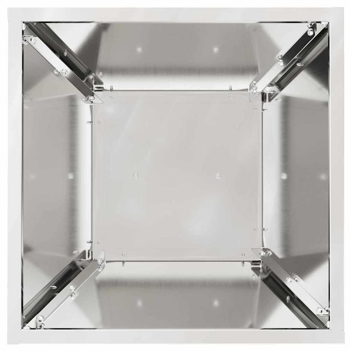 Vista interna di una scatola in acciaio inossidabile. La scatola ha un telaio quadrato e un interno incassato con supporti e viti metalliche.