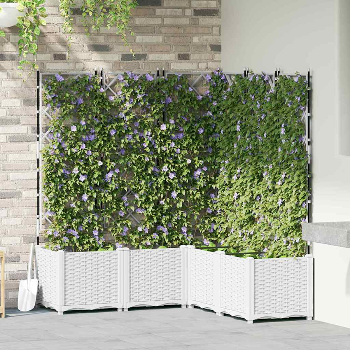Fioriere bianche tessute con piante rampicanti e fiori viola. Sfondo di muro di mattoni. Una pala è appoggiata alla fioriera.