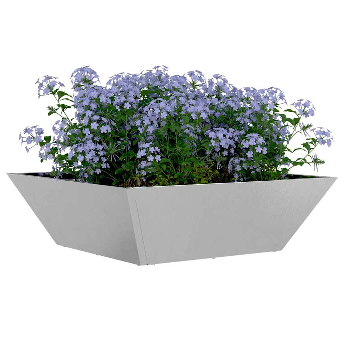 Una fioriera grigia e angolare piena di piante verdi e fiori viola chiaro. Lo sfondo è bianco.