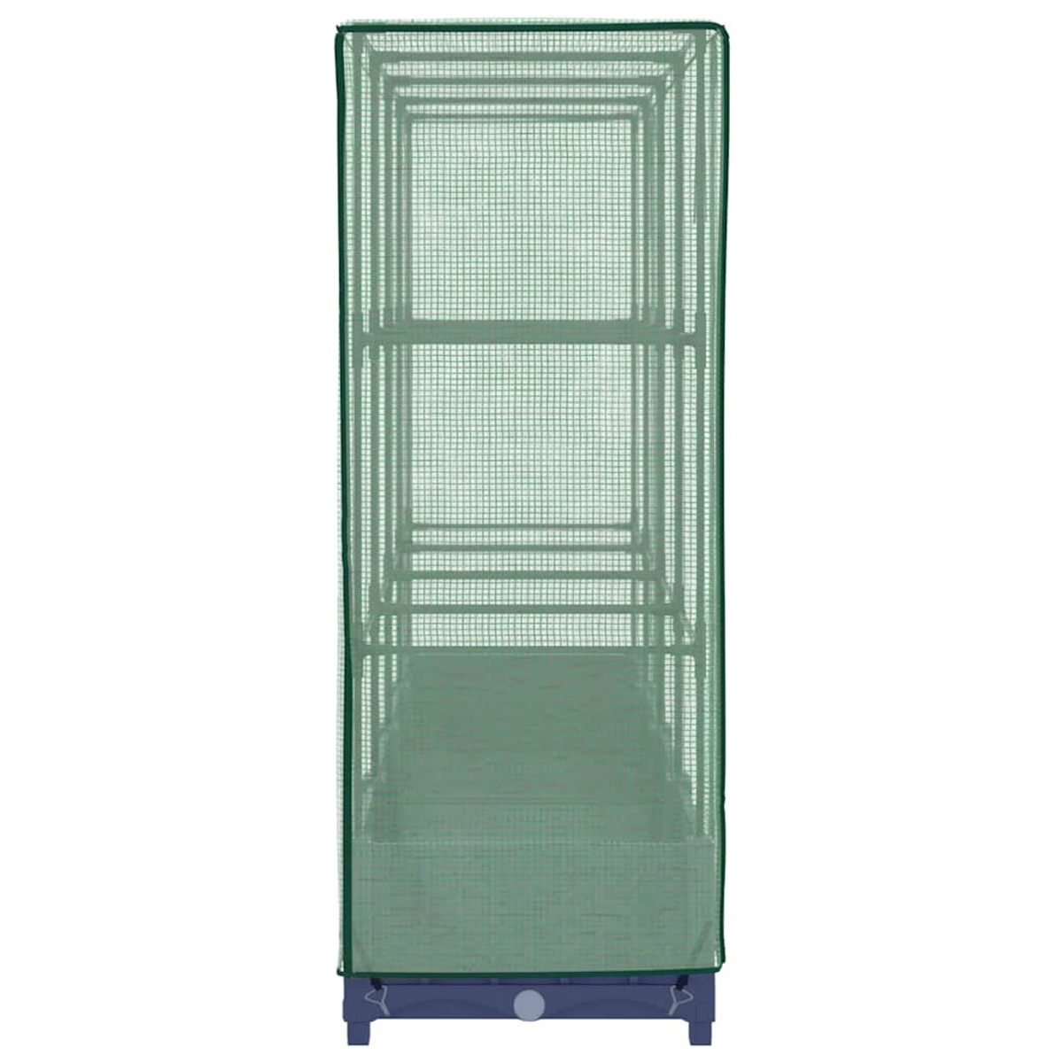 Una serra verde con copertura a rete. Ha una struttura rettangolare e diversi ripiani all'interno. È su una base blu.