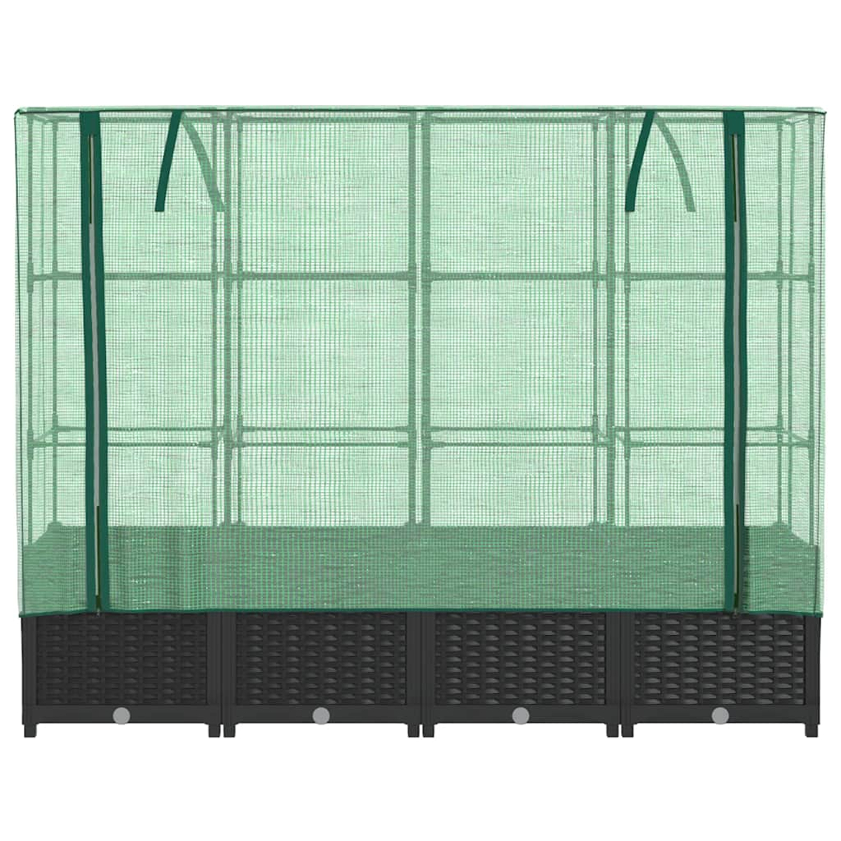 Una serra verde con base nera. La struttura ha un design a griglia ed è ricoperta da una rete verde.
