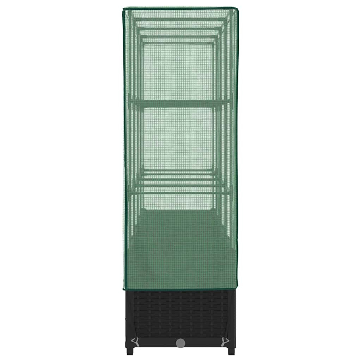 Una serra alta e rettangolare con base scura e rete verde. Il telaio è visibile all'interno. Ideale per la protezione delle piante.