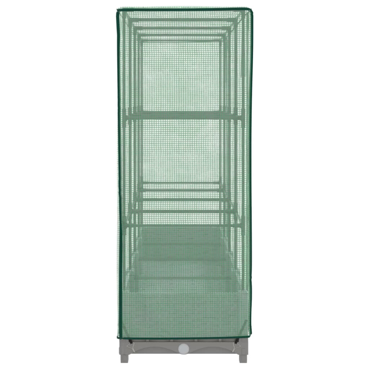 Una serra verde con copertura a rete e ripiani. Si trova su una base grigia con un oggetto bianco e rotondo.