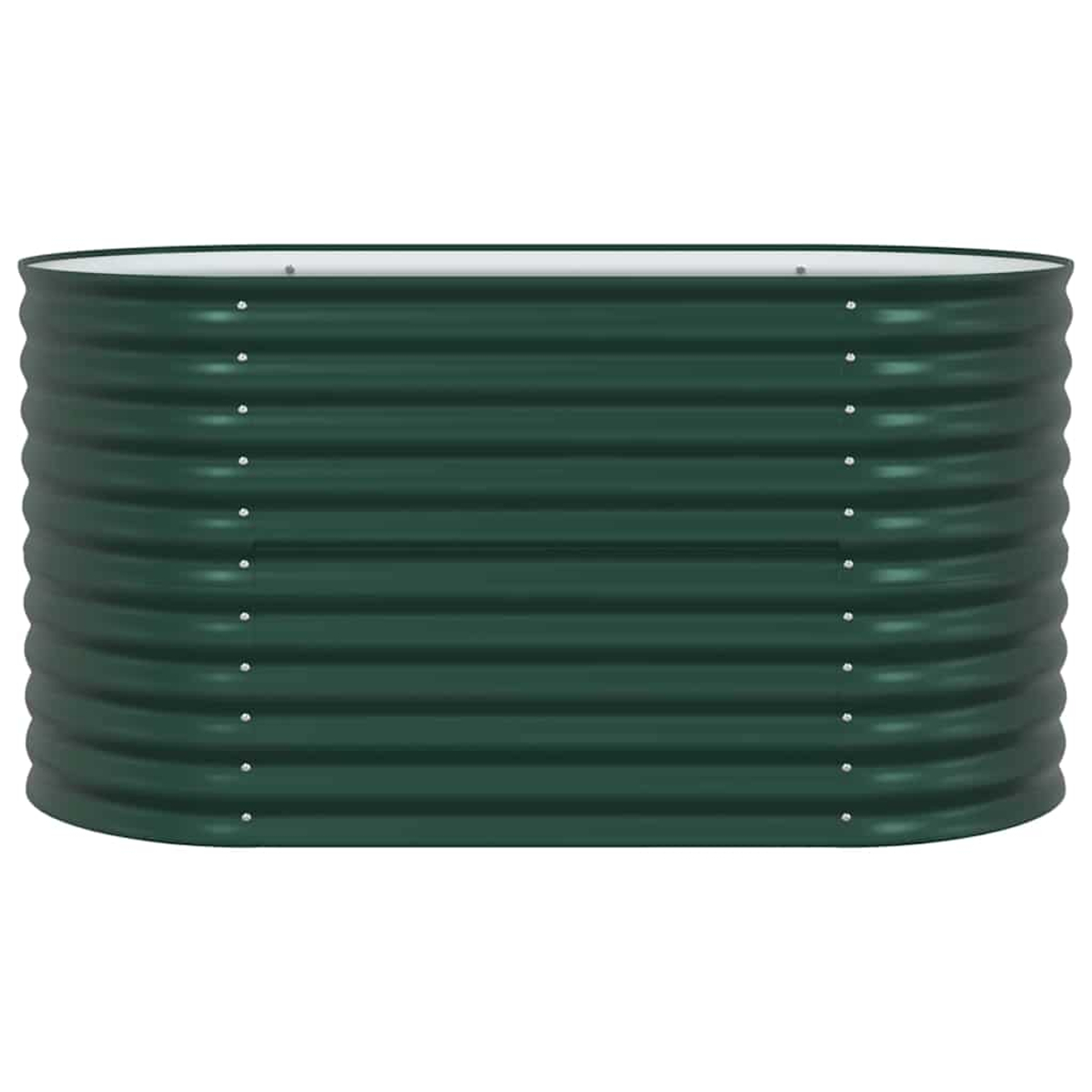 Un'aiuola rialzata rettangolare verde scuro. Ha un design ondulato con rivetti visibili lungo il bordo superiore.
